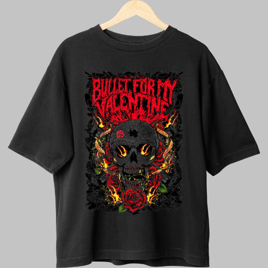 Tricou Rock Bullet For My Valentine Flaming Skull fata negru