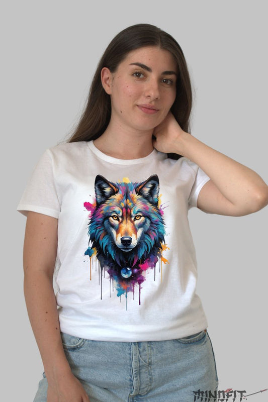 Tricou cu Lup Multicolor dama alb fata