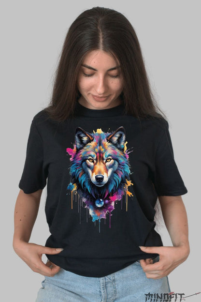 Tricou cu Lup Multicolor dama negru fata