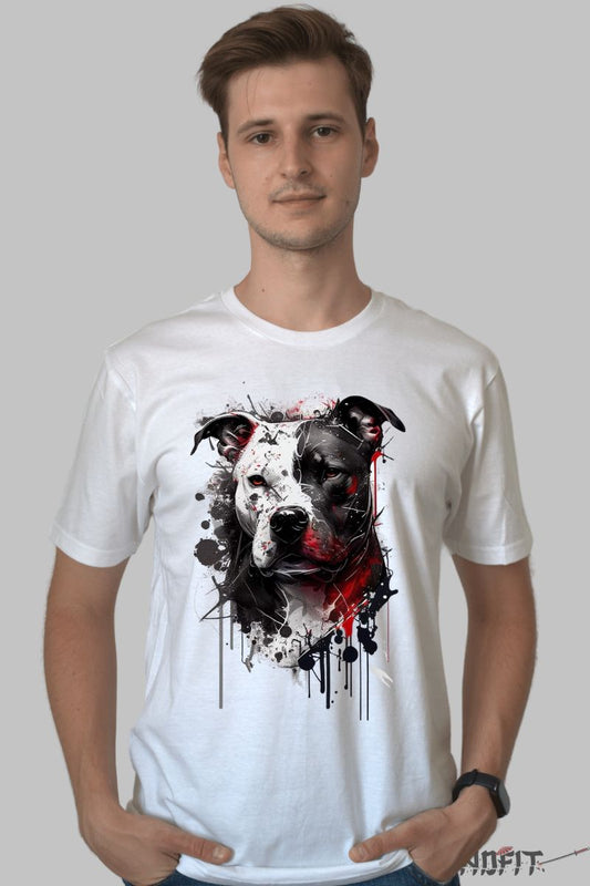 Tricou cu Aplicatii Caine Pit Bull barbat alb fata