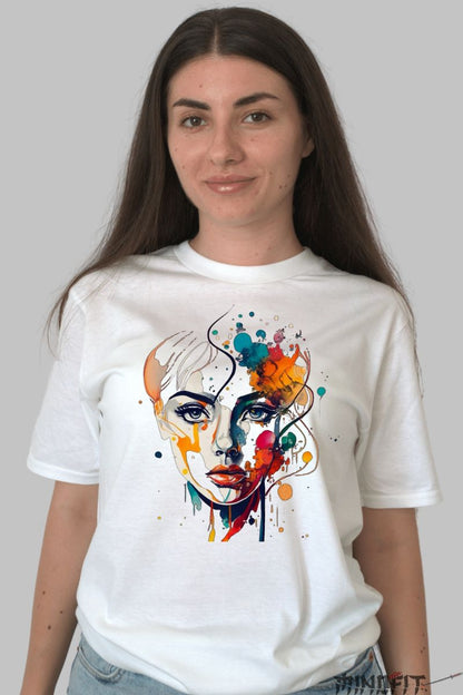 Tricou cu Aplicatii Color Splash dama alb fata