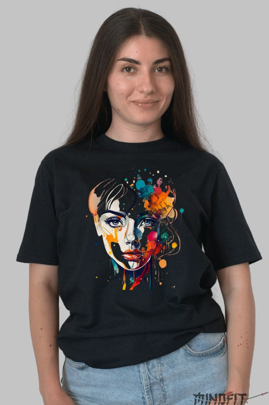 Tricou cu Aplicatii Color Splash dama negru fata