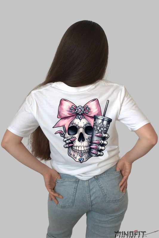 Tricou cu Aplicatii Craniu cu Cristale dama alb spate