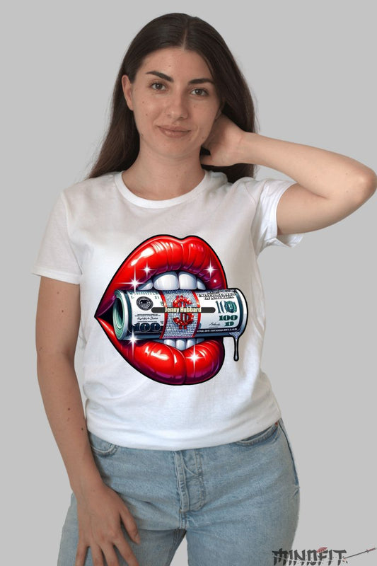 Tricou cu Aplicatii Dama Buze Rosii dama alb fata
