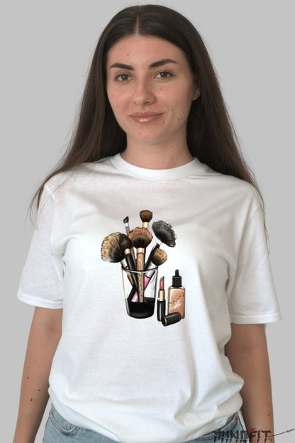 Tricou cu Aplicatii Pensule de Machiaj dama alb fata