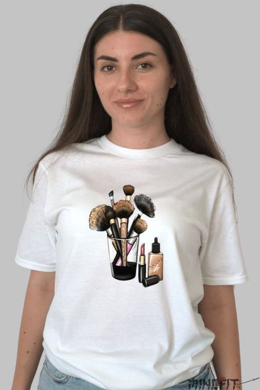 Tricou cu Aplicatii Pensule de Machiaj dama alb fata