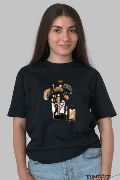 Tricou cu Aplicatii Pensule de Machiaj dama negru fata
