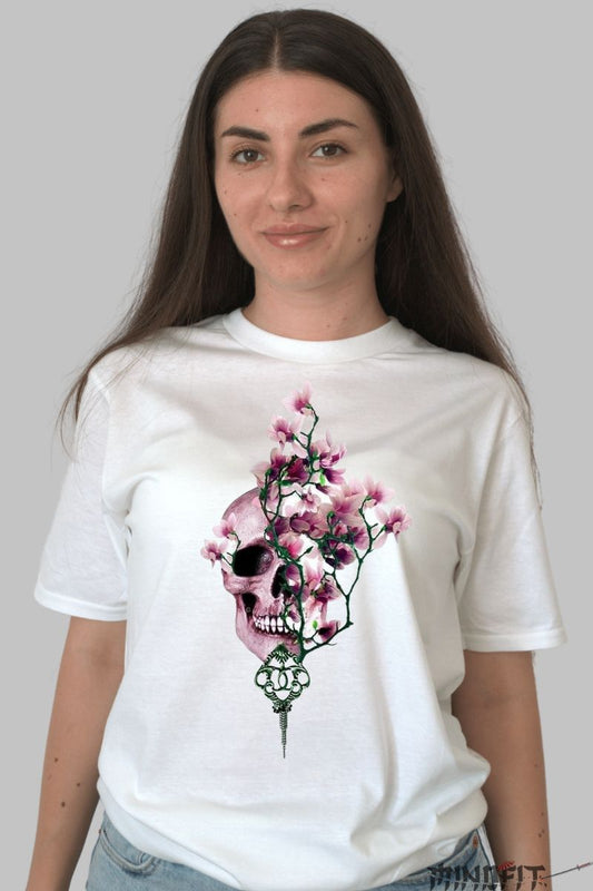Tricou cu Aplicatii Pink Skull dama alb fata