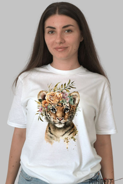 Tricou cu Tigru Pui dama alb fata 