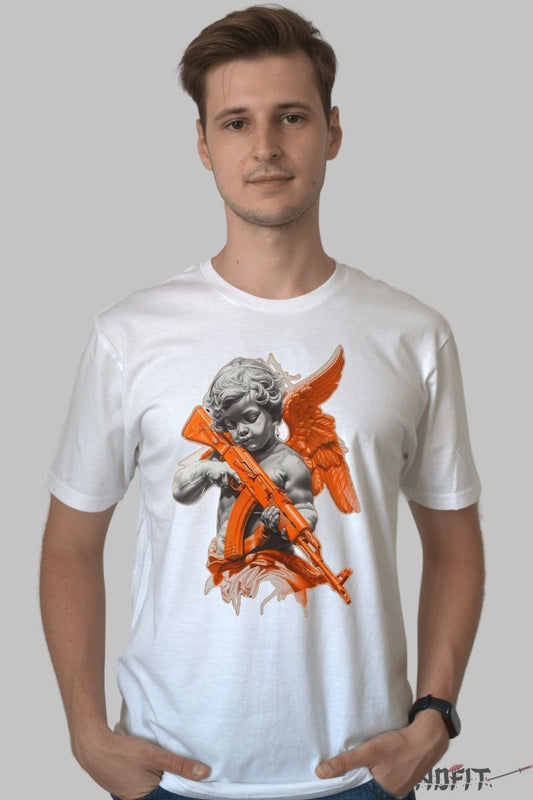 Tricou cu Aplicatii "Angel Warrior" barbat alb fata
