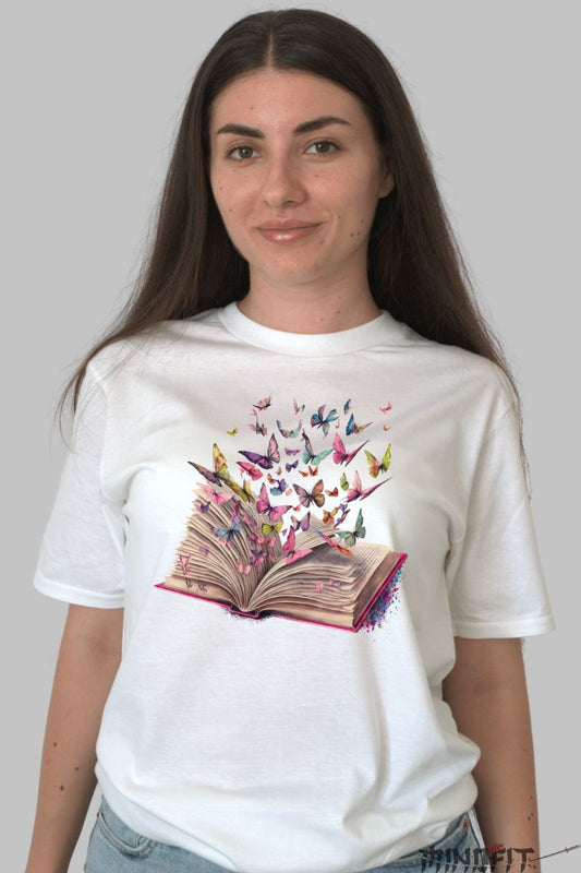 Tricou cu Aplicatii "Book & Butterflies" dama alb fata