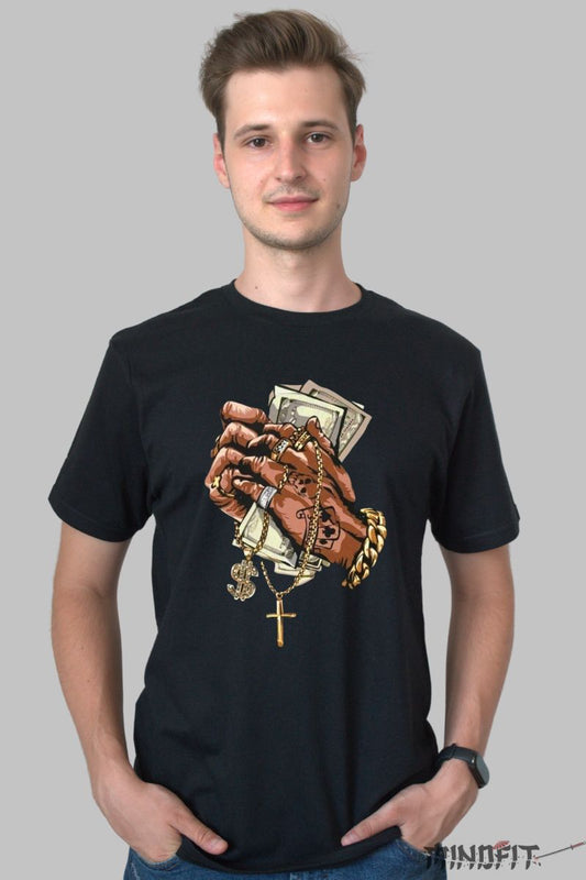 Tricou cu Aplicatii "Cash Rules" barbat negru fata