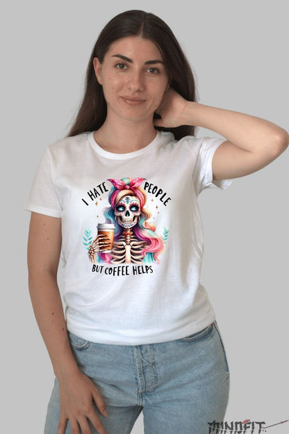 Tricou cu Aplicatii "Coffee Helps" dama alb fata
