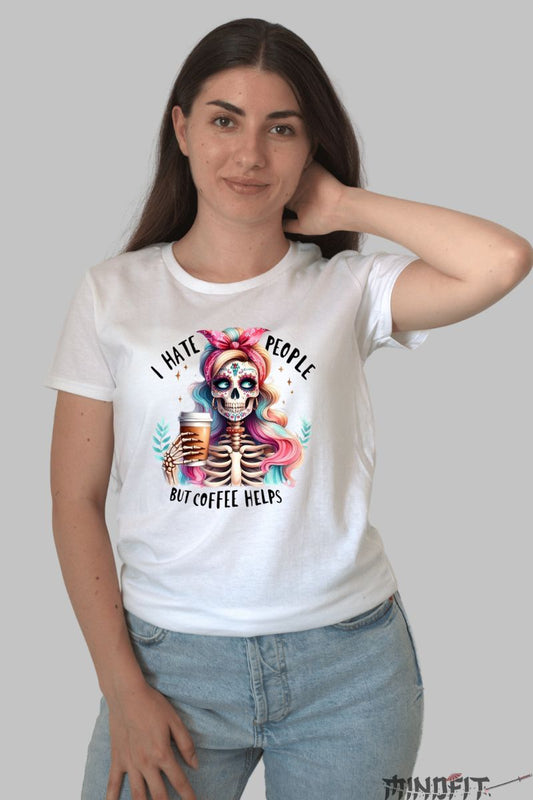 Tricou cu Aplicatii "Coffee Helps" dama alb fata