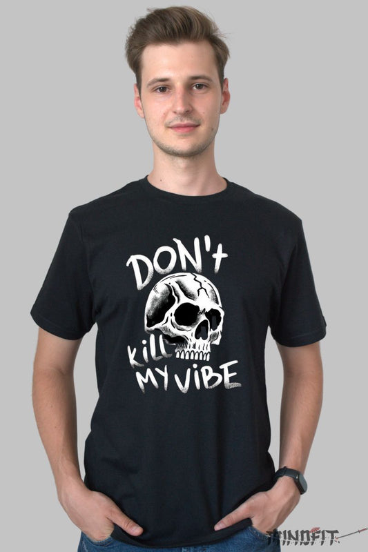 Tricou cu Aplicatii "Don't Kill My Vibe" barbat negru fata