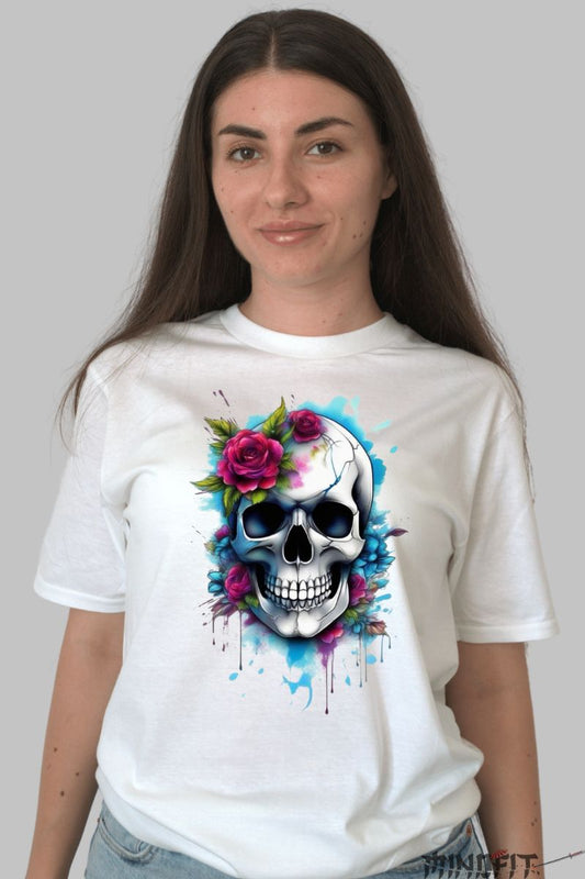 Tricou cu Aplicatii "Fleur Mortelle" dama alb fata