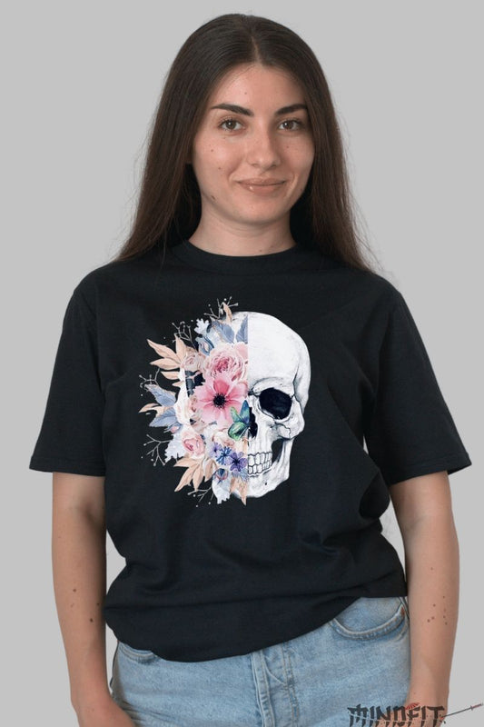 Tricou cu Aplicatii "Floral Skull" dama negru fata
