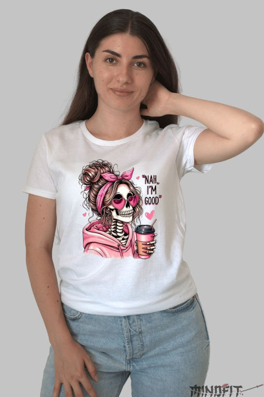 Tricou cu Aplicatii "I'm Good" dama alb fata