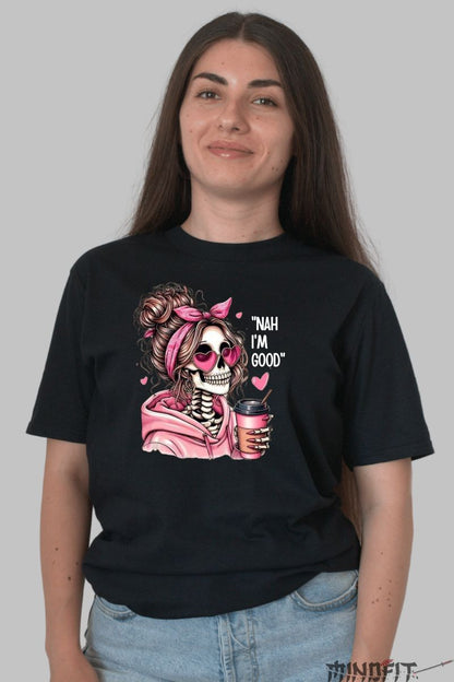 Tricou cu Aplicatii "I'm Good" dama negru fata