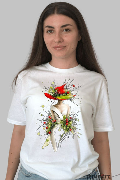Tricou cu Aplicatii "Lady in Red" dama alb fata