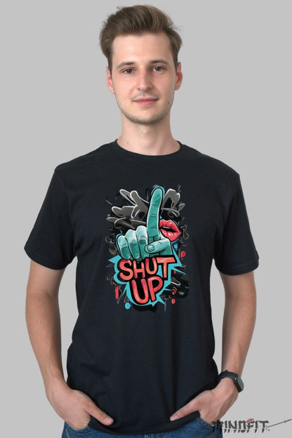 Tricou cu Aplicatii "SHUT UP" barbat negru fata
