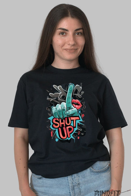Tricou cu Aplicatii "SHUT UP" dama negru fata