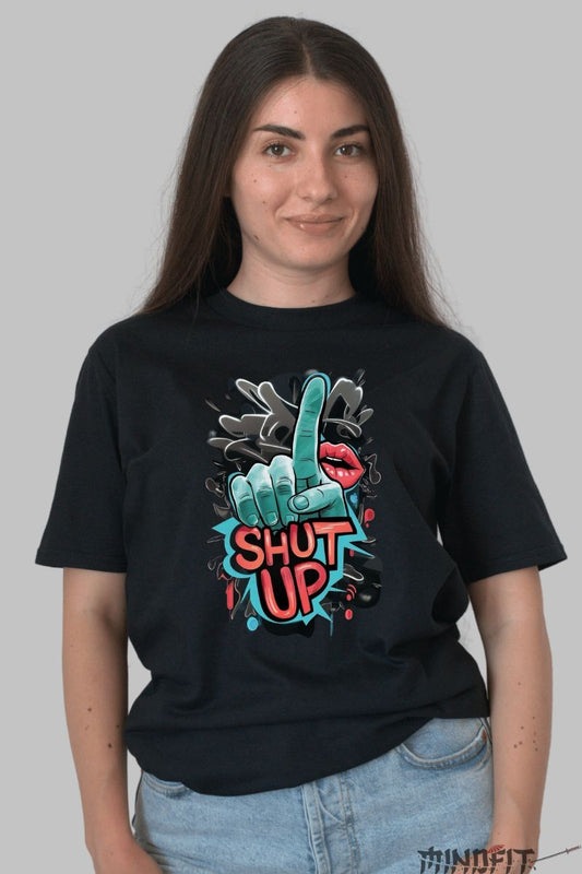 Tricou cu Aplicatii "SHUT UP" dama negru fata