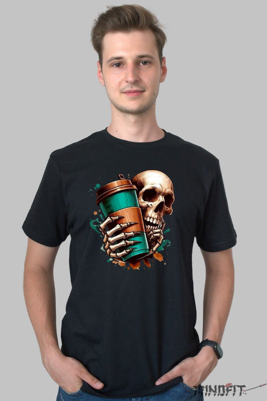 Tricou cu Aplicatii "Skull & Coffe" barbat negru fata