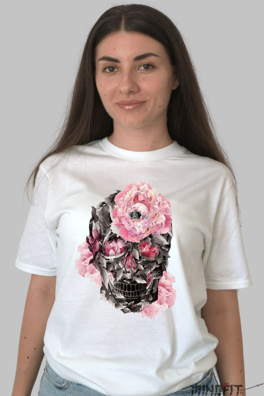 Tricou cu Aplicatii "Skull in Bloom" dama alb fata