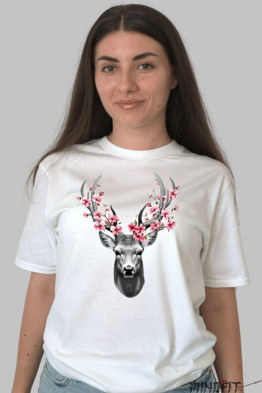 Tricou cu Aplicatii "Spring Stag" dama alb fata