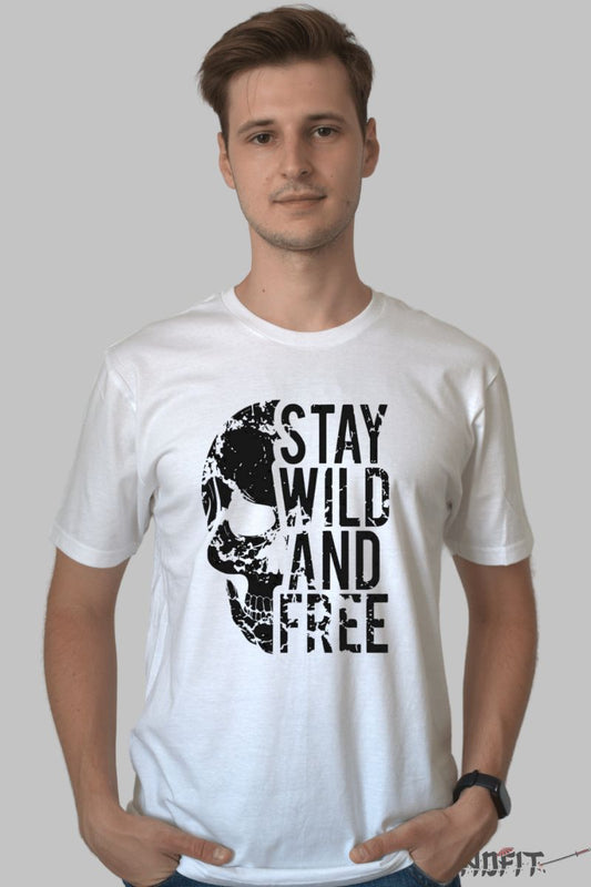Tricou cu Aplicatii "Stay Wild And Free" barbat alb fata
