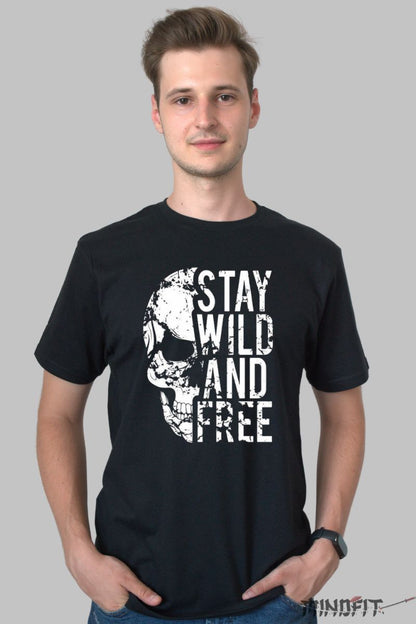 Tricou cu Aplicatii "Stay Wild And Free" barbat negru fata