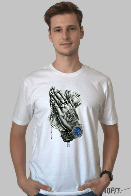 Tricou cu Aplicatii "Trust" barbat alb fata