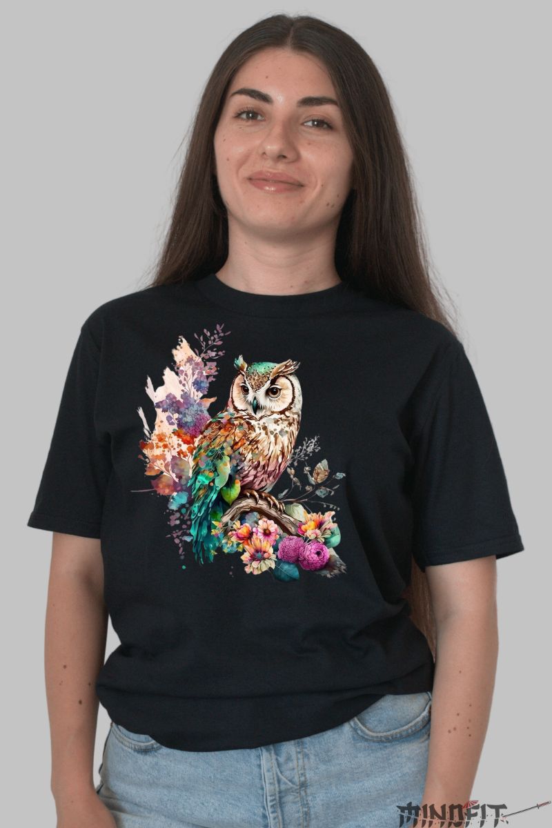 Tricou cu Bufnita Viu Colorat dama negru fata