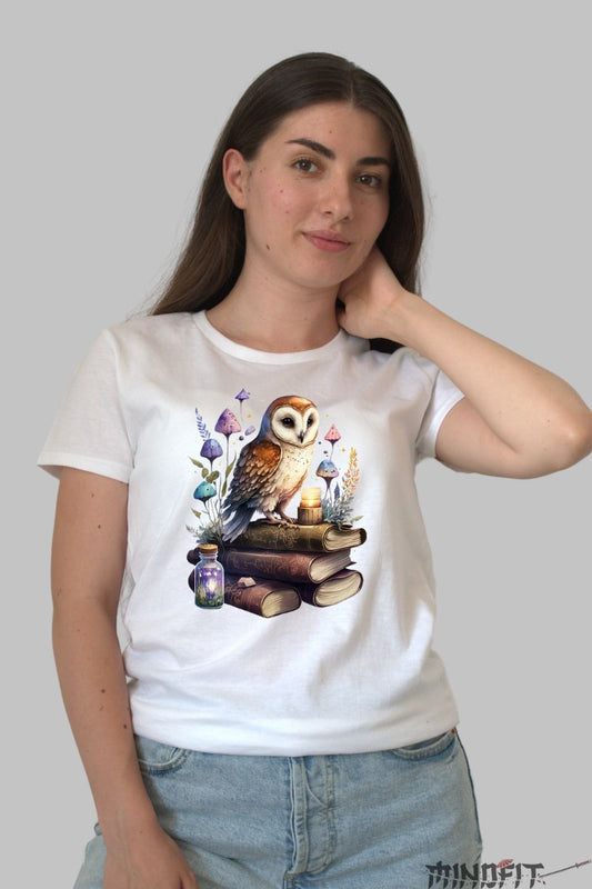 Tricou cu Bufnita si Carti dama alb fata