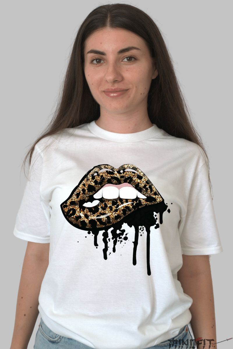 Tricou cu Buze Muscate dama alb fata 