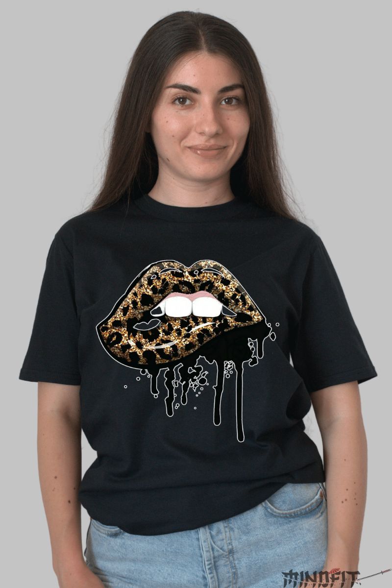 Tricou cu Buze Muscate dama negru fata