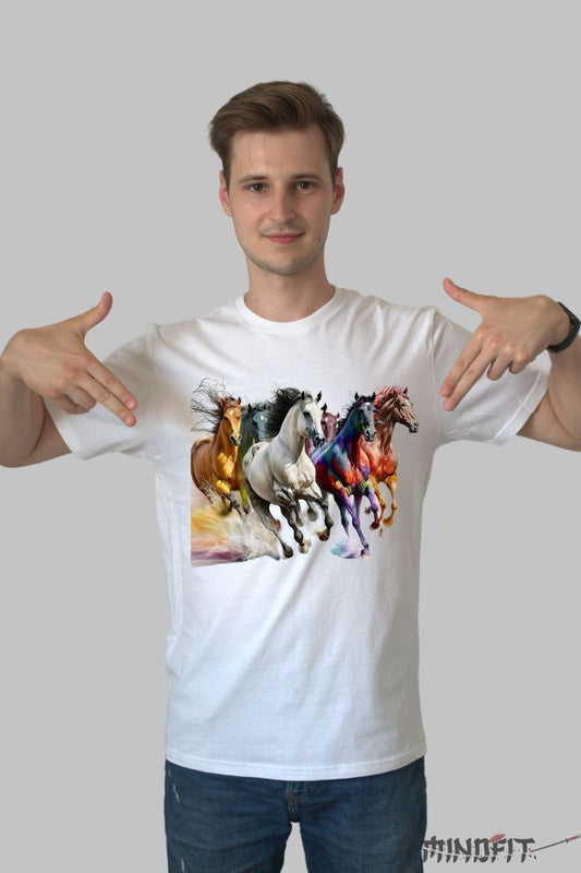 Tricou cu Cai Viu Colorati barbat alb fata