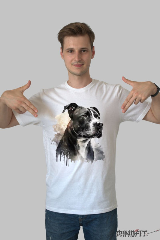 Tricou cu Caine Amstaff Negru barbat alb fata
