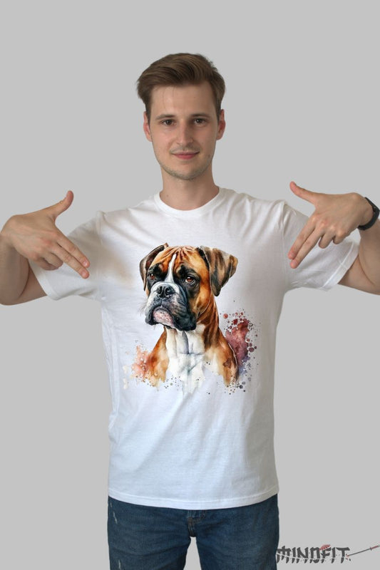 Tricou cu Caine Boxer Serios barbat alb fata