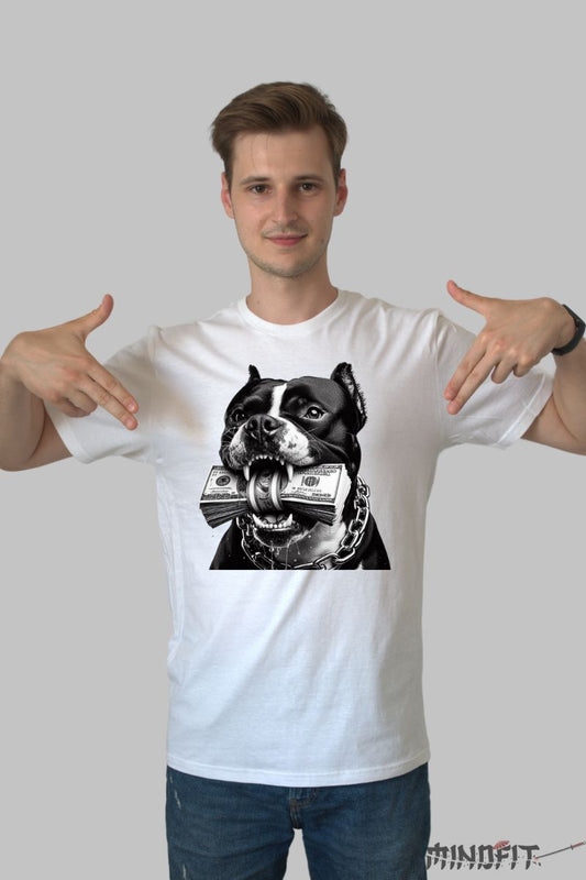 Tricou cu Caine Pitbull si Bani barbat alb fata