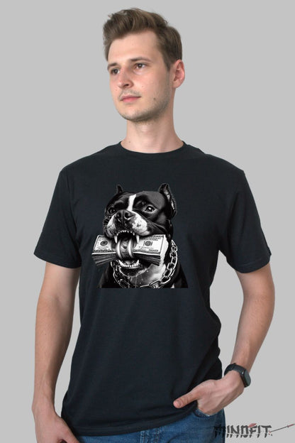 Tricou cu Caine Pitbull si Bani barbat negru fata