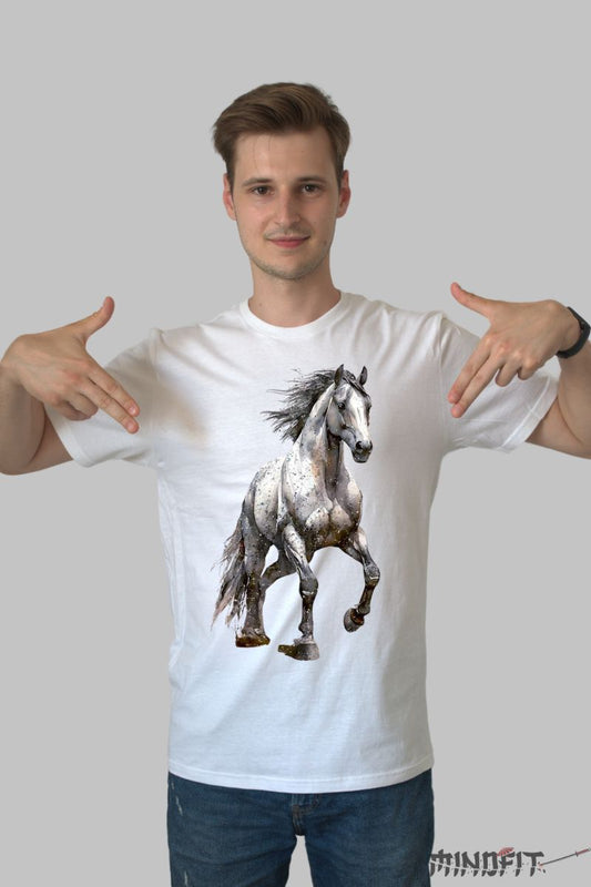 Tricou cu Cal Alb Impunator barbat alb fata