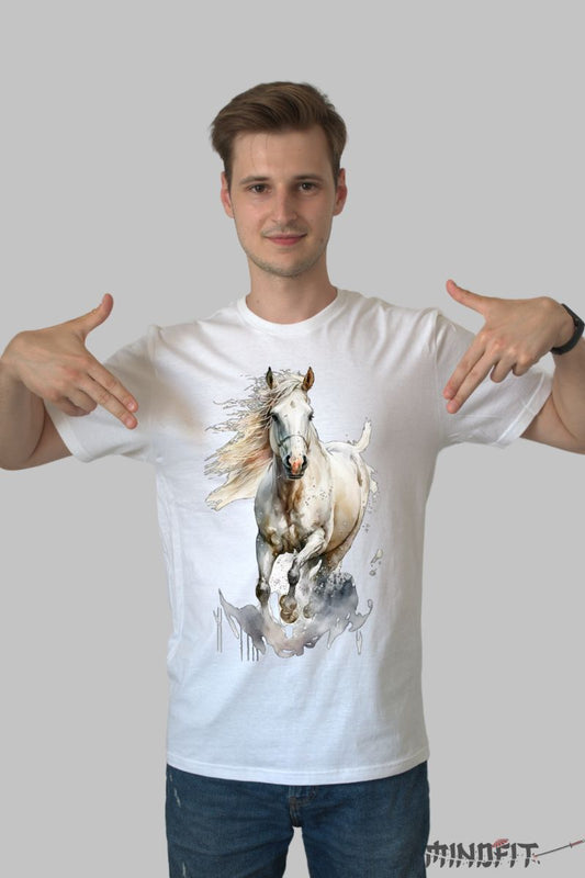 Tricou cu Cal Alb barbat alb fata