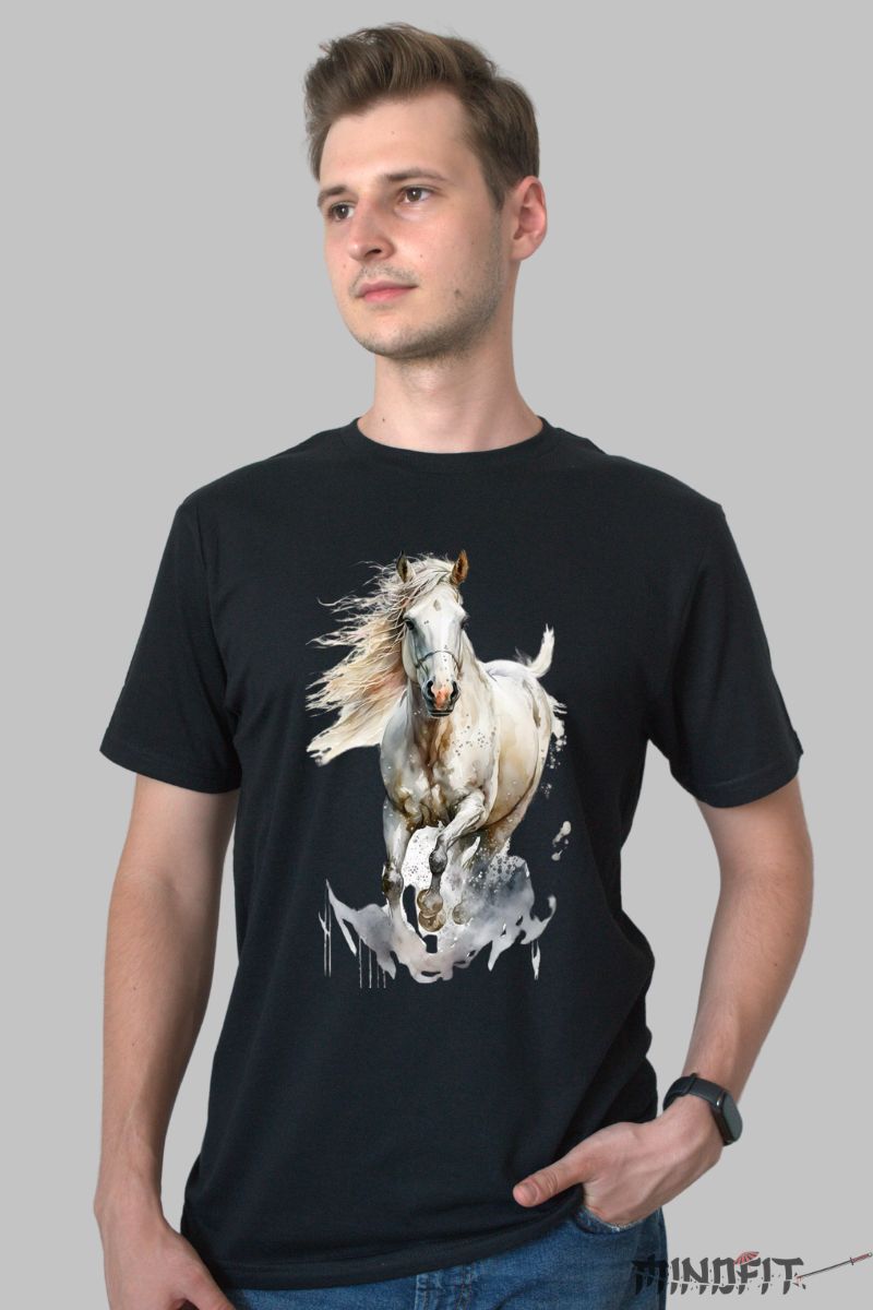 Tricou cu Cal Alb barbat negru fata