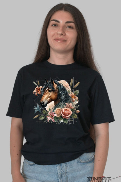 Tricou cu Cal Floral dama negru fata