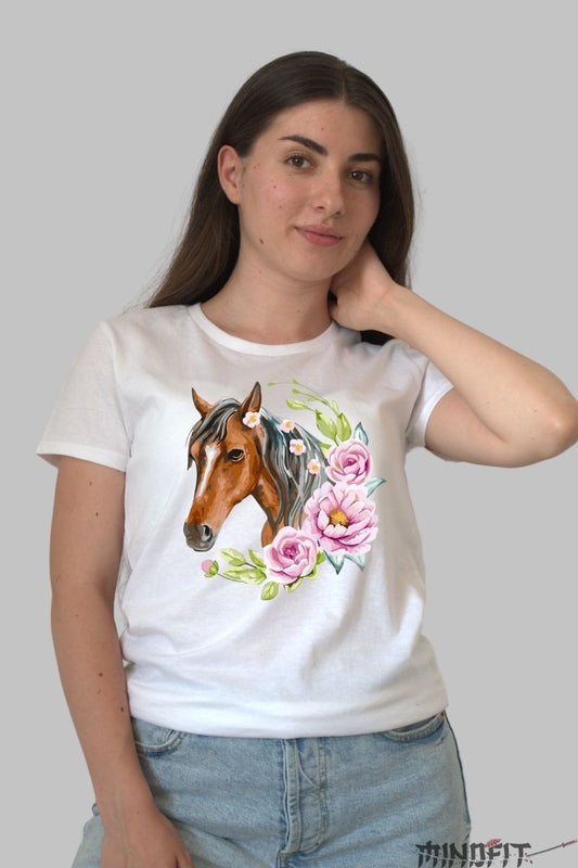 Tricou cu Cal Maro si Flori dama alb fata