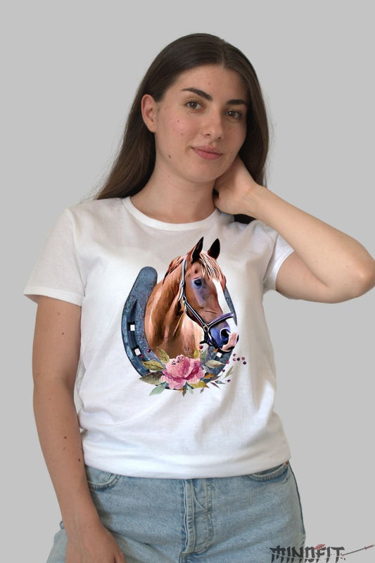 Tricou cu Cal Maro si Potcoava dama alb fata