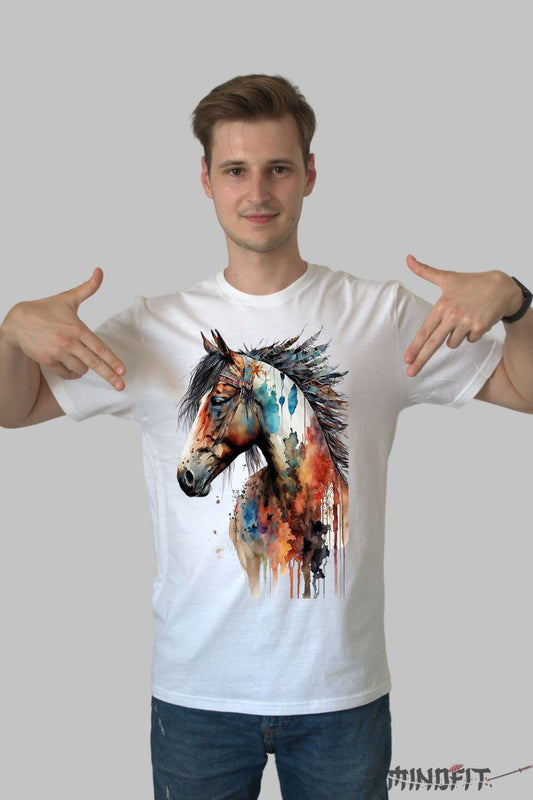 Tricou cu Cal Multicolor barbat alb fata