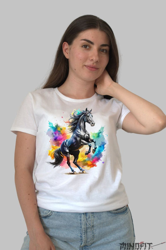 Tricou cu Cal Negru - Model Multicolor dama alb fata